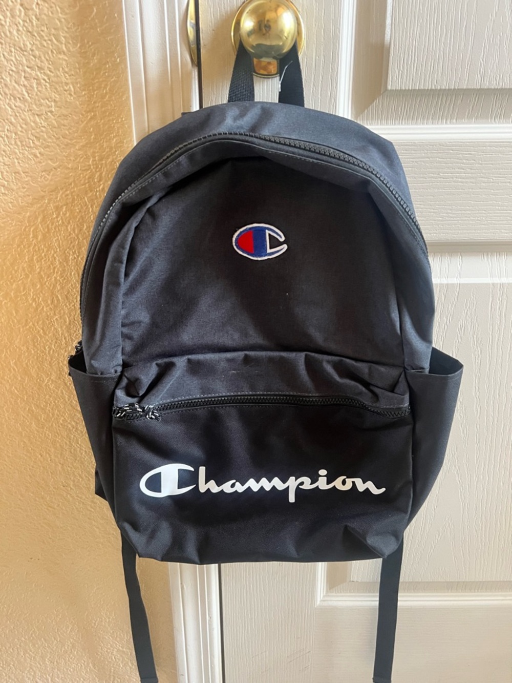 Champion Black Backpack with White Script and Red-Blue Logo